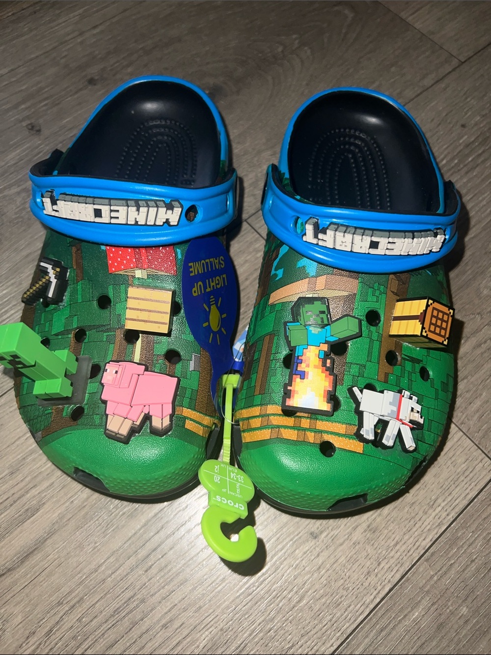 CROCS Kids Green Clog Sandals with Blue Heel Straps - Minecraft Graphics